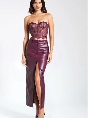 Miss Circle Vegan Leather Maxi Skirt with Front Slit in Plum With Lace Bustier